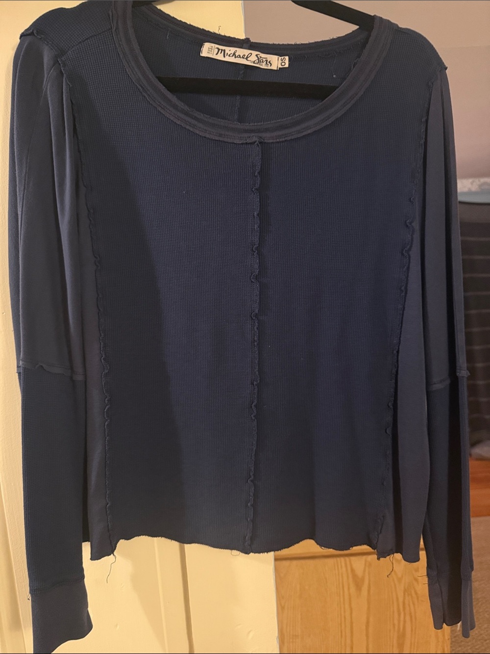 Michael Stars Navy Raw-Edge Long-Sleeve Crewneck